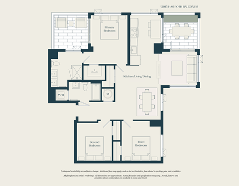 Floor plan for 3 beds, 2 baths, 1169 sqft